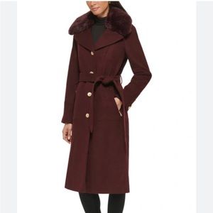GUESS - Faux Fur Notch Collar Tie Belt Wool Blend Coat